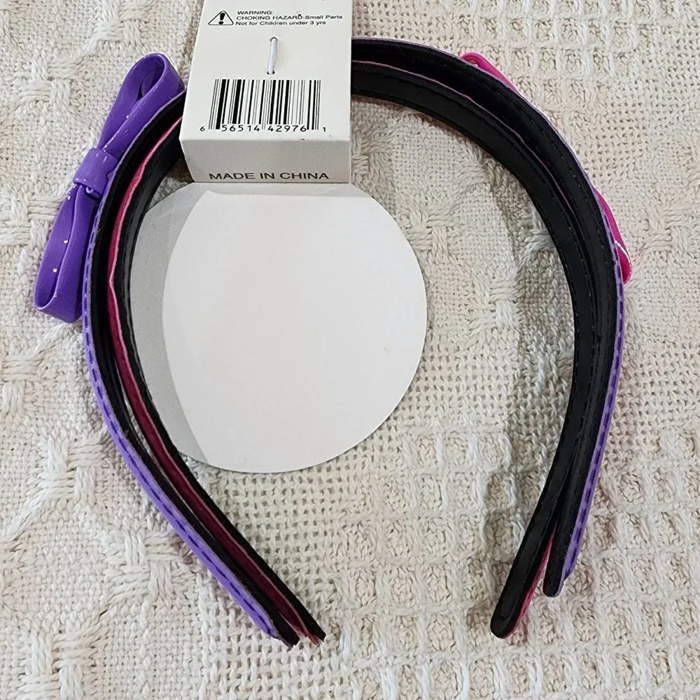 Elements Kidz Girl Kid Shiny Barbiecore Pink Purple Pair of Headbands Bows